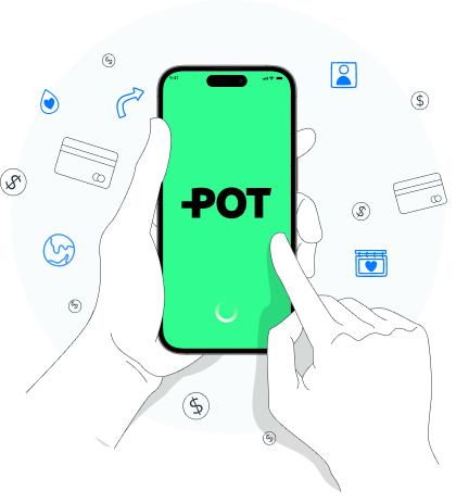 Dos manos sosteniendo un teléfono con la app POT, rodeado de íconos de pagos, tarjetas y notificaciones