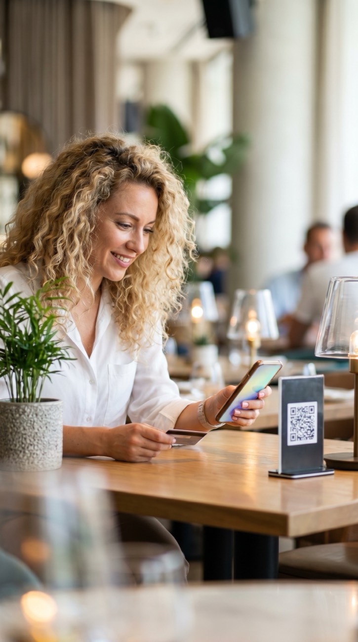 Clienta pagando con su teléfono en una mesa de restaurante