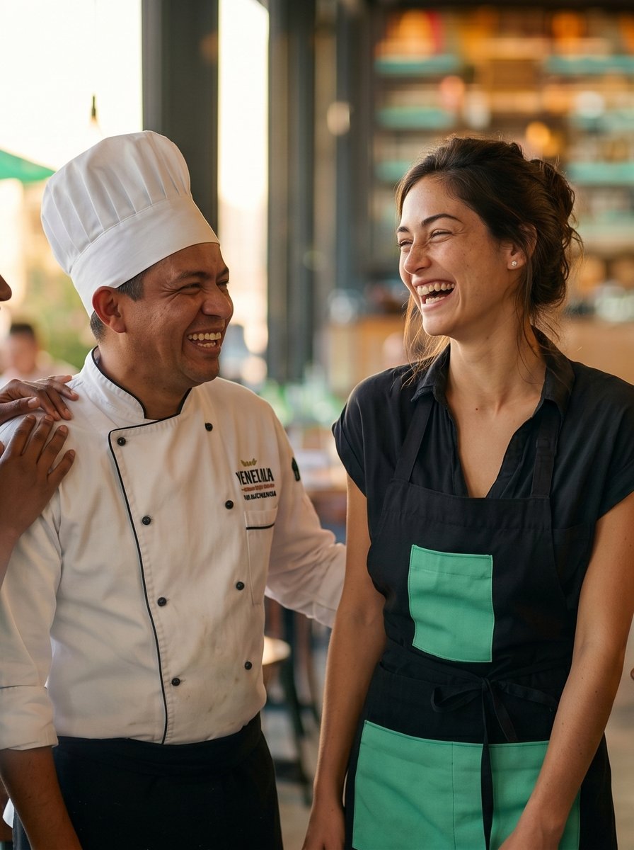 Equipo de un restaurante sonriendo durante el servicio