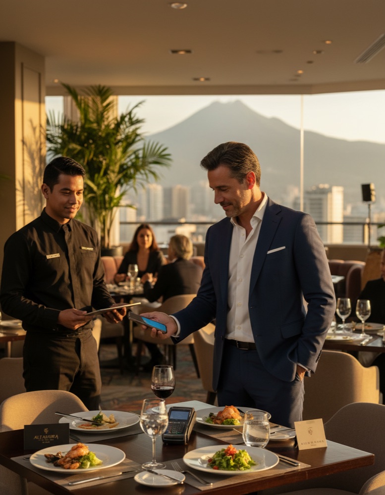 Un anfitrión saluda con un apretón de manos a un comensal en la entrada de un restaurante.