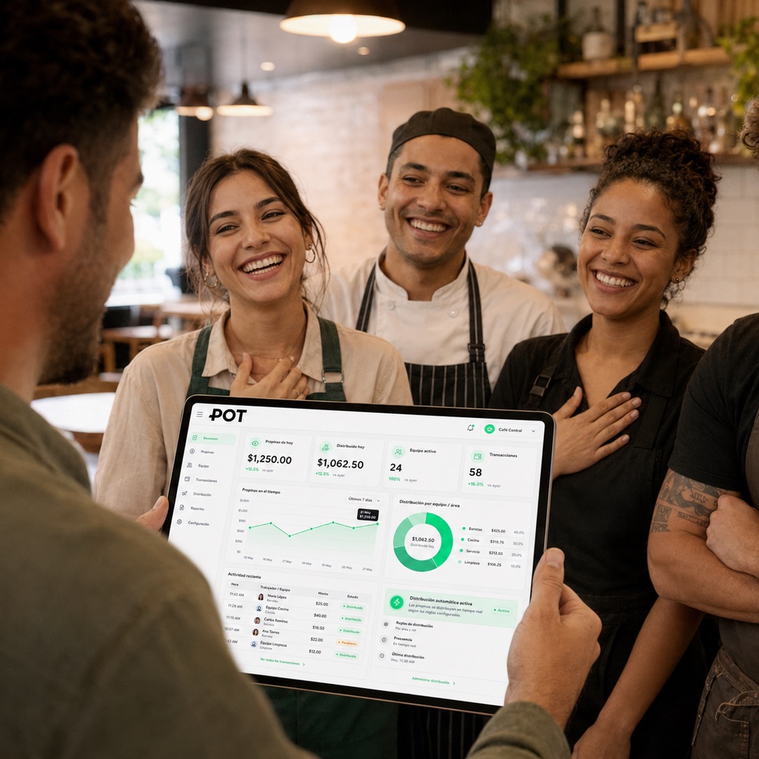 Equipo de un comercio sonriendo mientras ve el panel de POT en una tablet