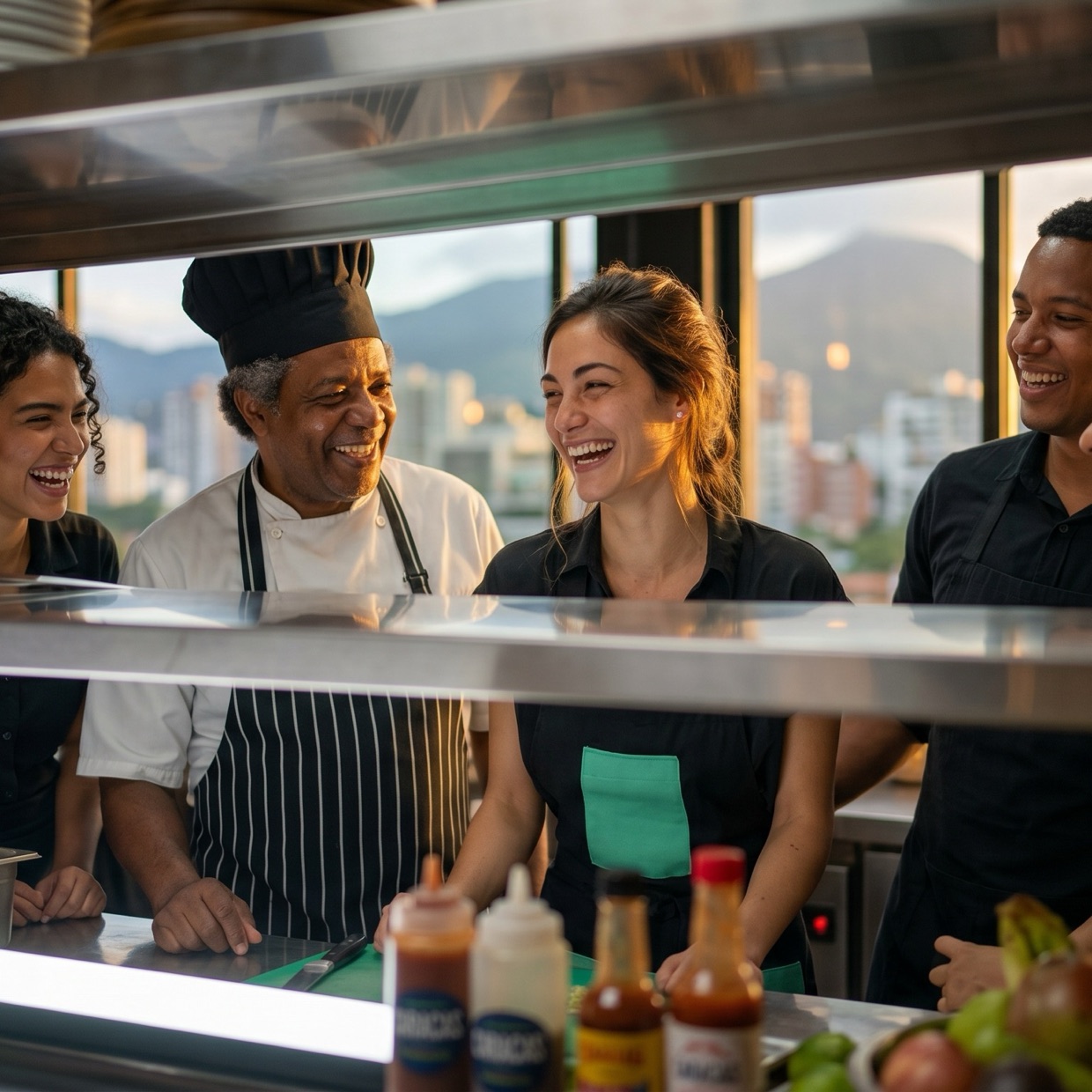 Equipo de un restaurante sonriendo detrás de la línea de cocina, con la ciudad de fondo