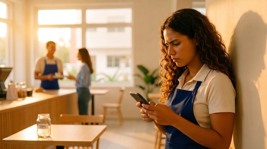 Mesera preocupada mirando su teléfono junto a un frasco de propinas casi vacío