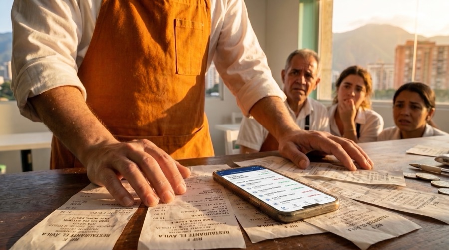 Trabajador revisando decenas de tickets y un teléfono mientras sus compañeros observan preocupados