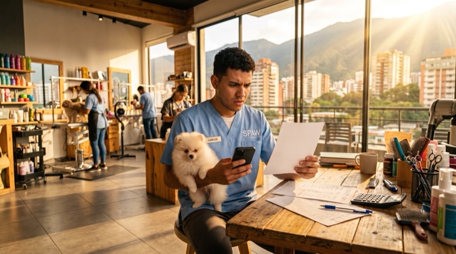 Trabajador de peluquería canina revisando cuentas con su teléfono y una calculadora