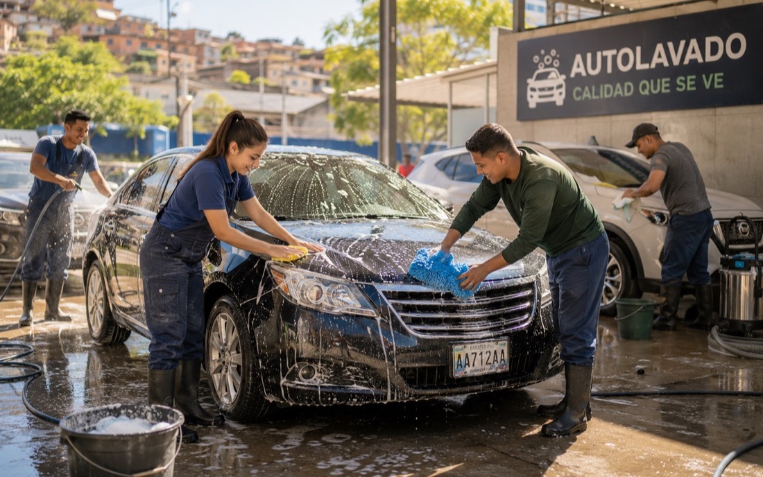 Equipo de un autolavado trabajando juntos