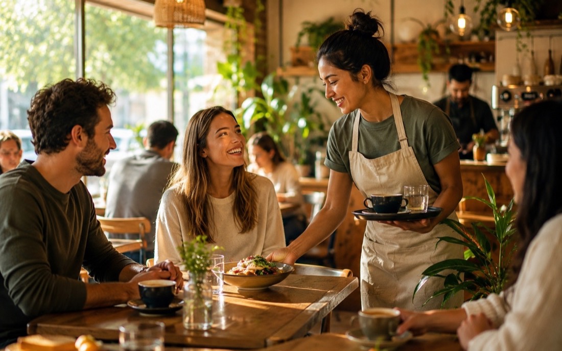 Equipo de un café atendiendo detrás de la barra