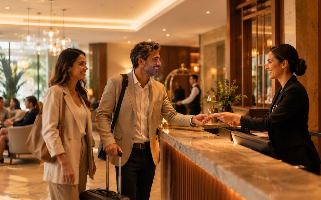 Personal de hotel atendiendo en la recepción