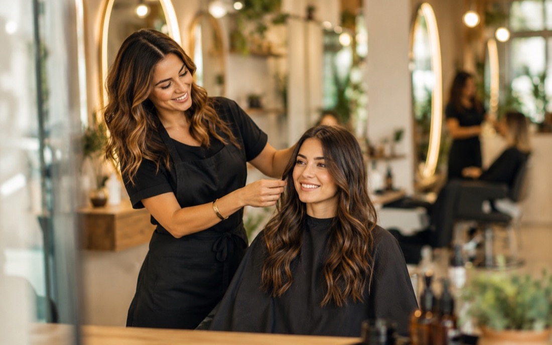 Estilistas atendiendo clientes en un salón de belleza